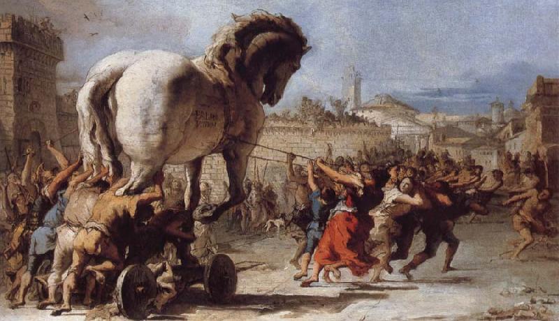 TIEPOLO, Giovanni Domenico The Building of the Trojan Horse The Procession of the Trojan Horse into Troy France oil painting art
